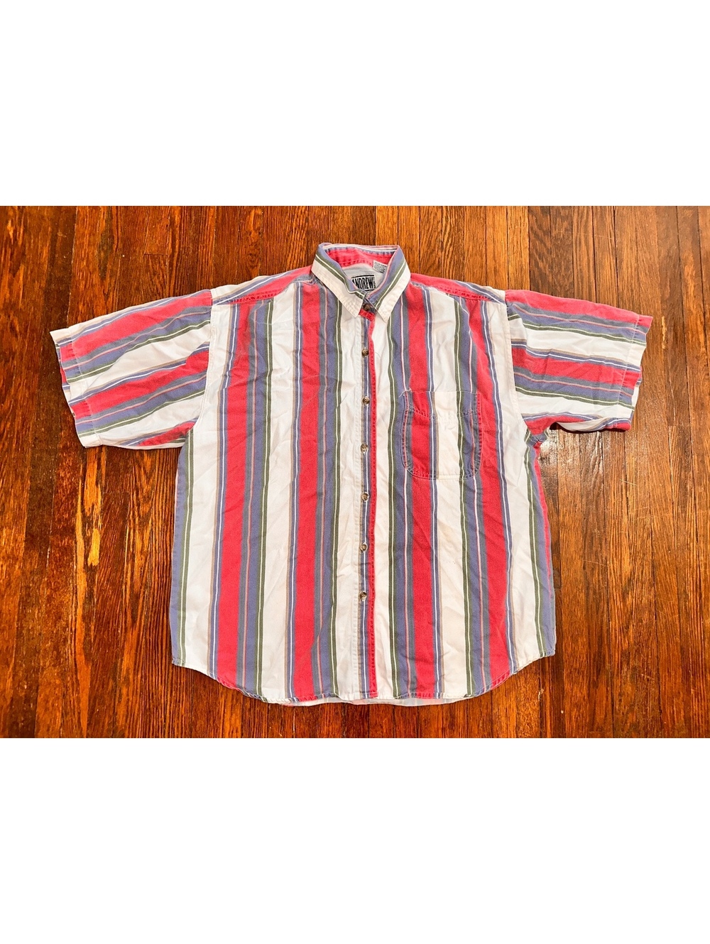Vintage 90s 80s Men’s Large Andrew Sports Striped Button Up Short Sleeve Shirt